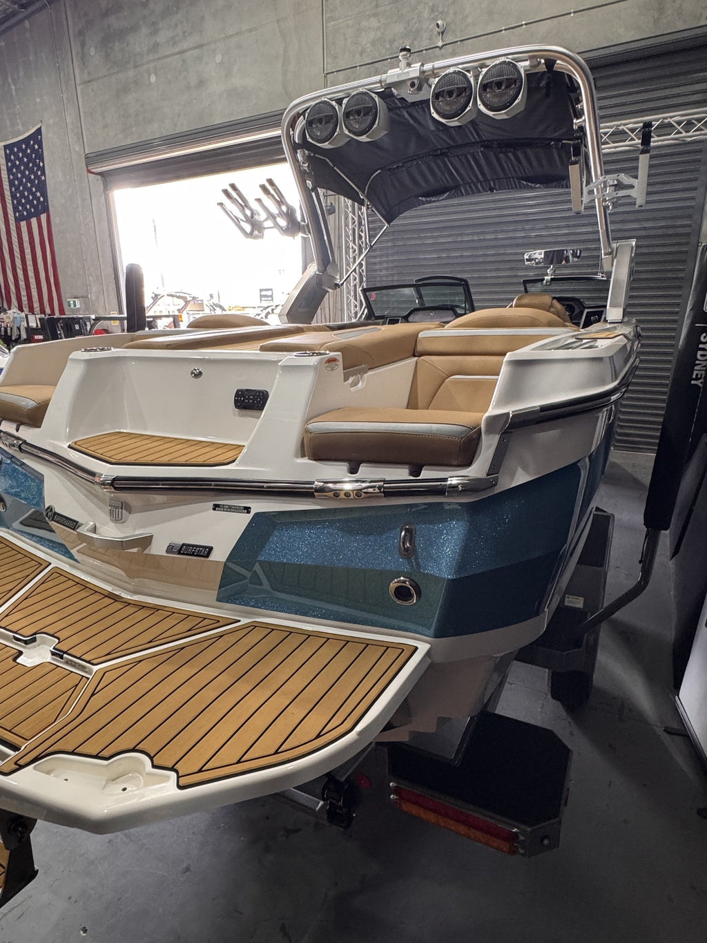 2023 MasterCraft X Star S pre-owned, rear three-quarter view with tower